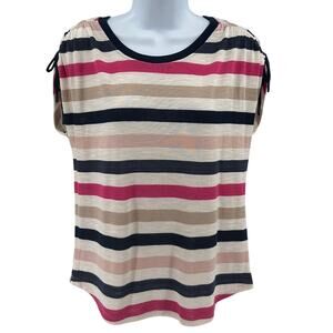 Liverpool Shirt WMNS S Beige Striped Crew Neck Short Dolman Sleeve Top Blouse
